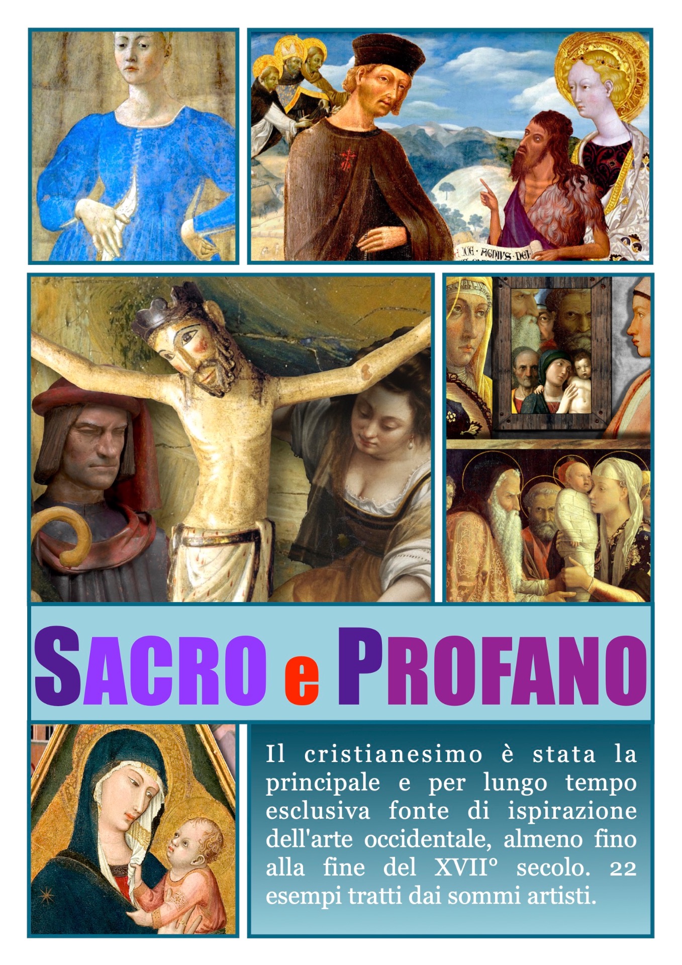 Il cristianesimo è stata  per lungo tempo la fonte di ispirazione dell'arte occidentale, dovuta alla committenza degli ordini religiosi nella loro missione di evangelizzazione. L'iconografia di questo tema lo abbiamo sviluppato con il contributo di tanti artisti in 22 artworks.