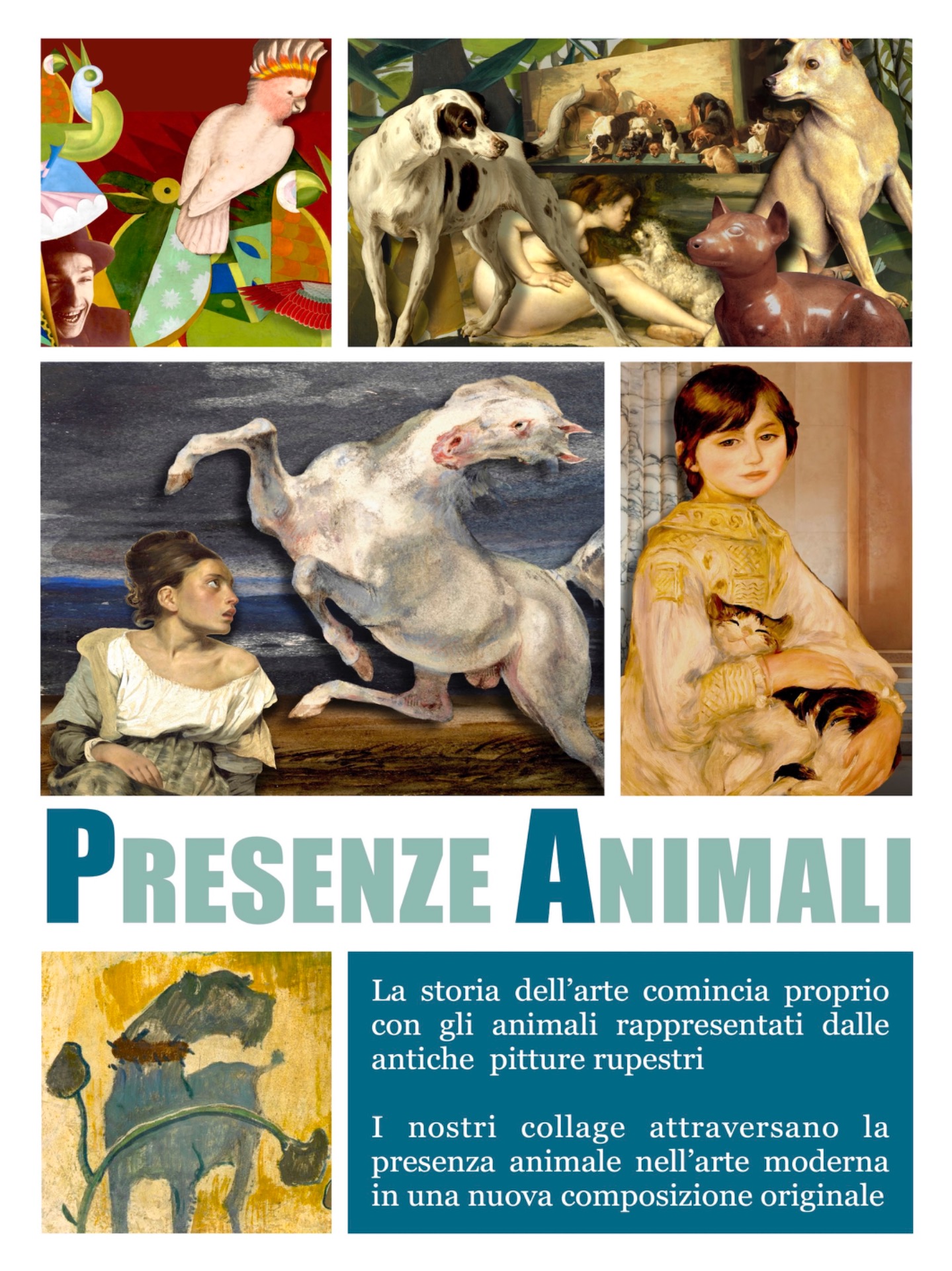La storia dell'arte comincia proprio con gli animali rappresentati nelle antiche pitture rupestri. Con 24 collage riproponiamo alcune presenze animali dell'arte moderna, in una nuova composizione originale.