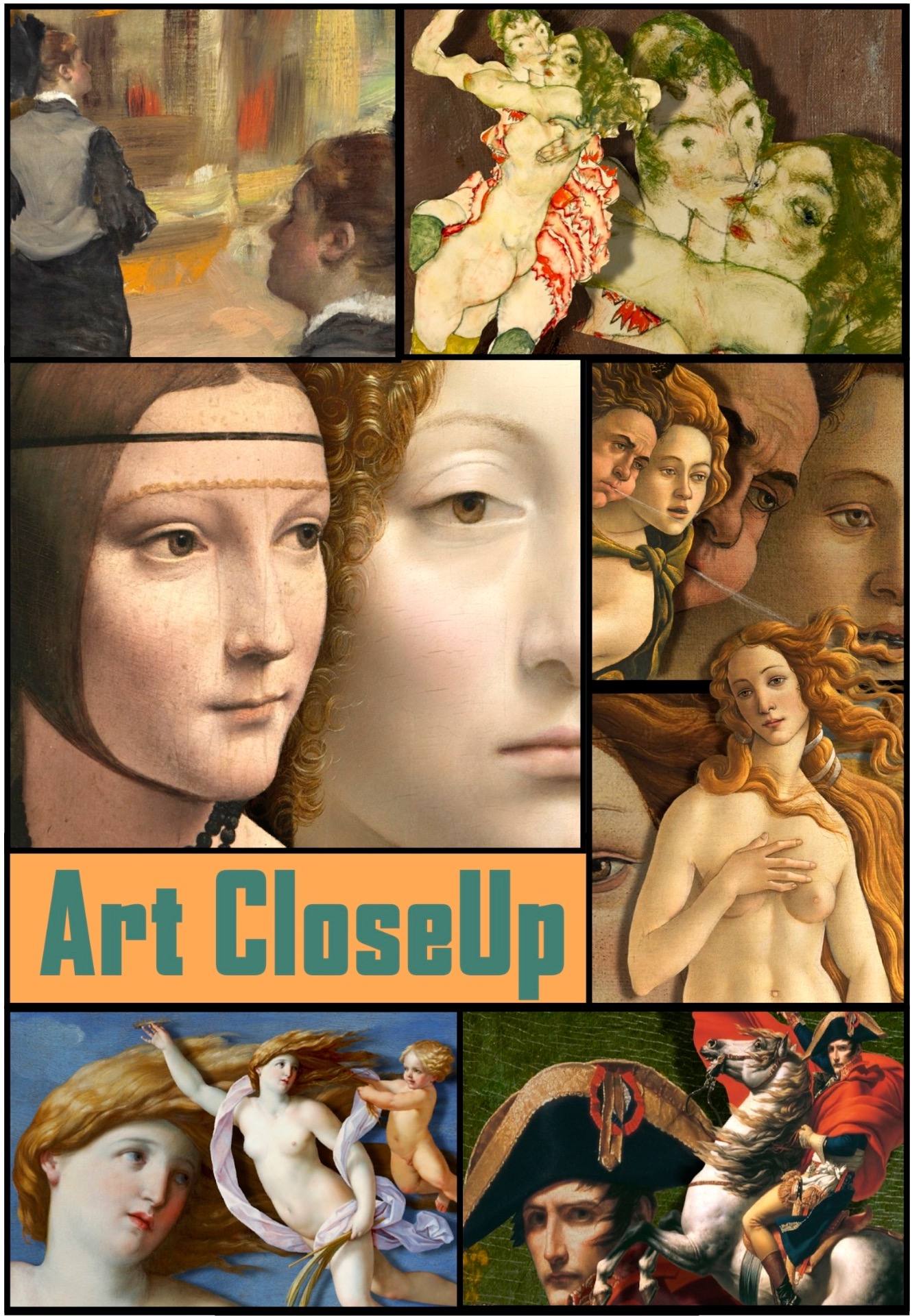 Primo piano su dettagli in alta definizione di 50 capolavori d'arte, proposti in 25 collage artistici